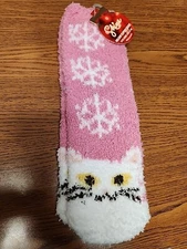 Kohl's Holiday Slipper Socks Cat Face & Snowflakes Pink/White Sz 5-10