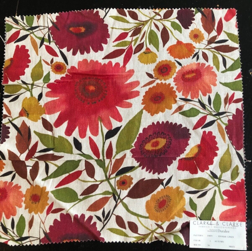 CLARKE & CLARKE Zinnias in Autumn 17 1/2 x 17 3/4" Linen Floral Fabric Sample