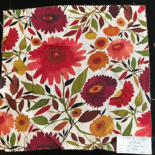 CLARKE & CLARKE Zinnias in Autumn 17 1/2 x 17 3/4" Linen Floral Fabric Sample - Picture 1 of 3