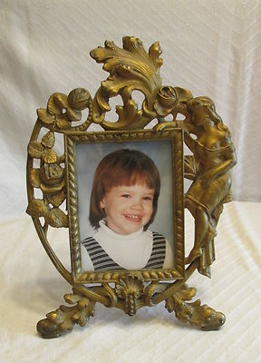 Antique Art Nouveau Lady Woman & Roses Waves Cast Brass Gold Gilt Picture Frame