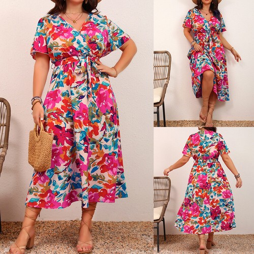 Plus Size Women's Floral V-Neck Holiday Beach Sundress Bohemian Party Midi Dress