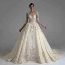 Luxury Ball Gown Wedding Dresses Lace Appliques Beaded Sequined Bridal Gowns-