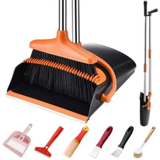 Broom and Dustpan Set with Long Handle and 6 Bonus Cleaning Tools, Upright St...