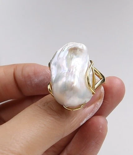 17.5x26.5mm Classic Natural White baroque kasumi pearl ring adjustable - Picture 5 of 12