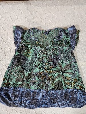Democracy Women's Blue & Mint Green Floral Print V-Neck Flutter Sleeve Size 1XL