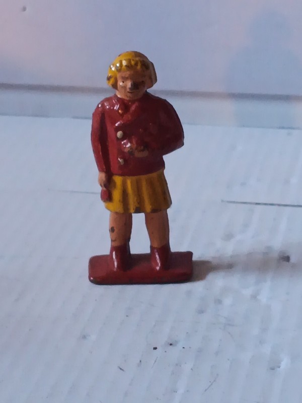 CHEERLEADER GIRL LADY VINTAGE HAND PAINTED METAL TOY FIGURE FEMALE SKIRT HAT