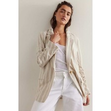 Free People Fern Blazer Striped Linen Blend Oversized Ruched Beige White L