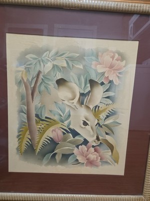 MCM-Sue Guild, Airbrushed Watercolor 28Lx26w Deer And Fawn Motiff.