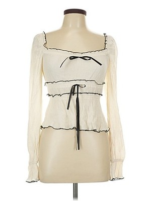 Blu Pepper Size L Womens Ivory Long Sleeve Shirt Crop With Black Bows