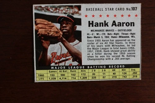 1961 Post cereal baseball card, Hank Aaron, #107. Nice card!