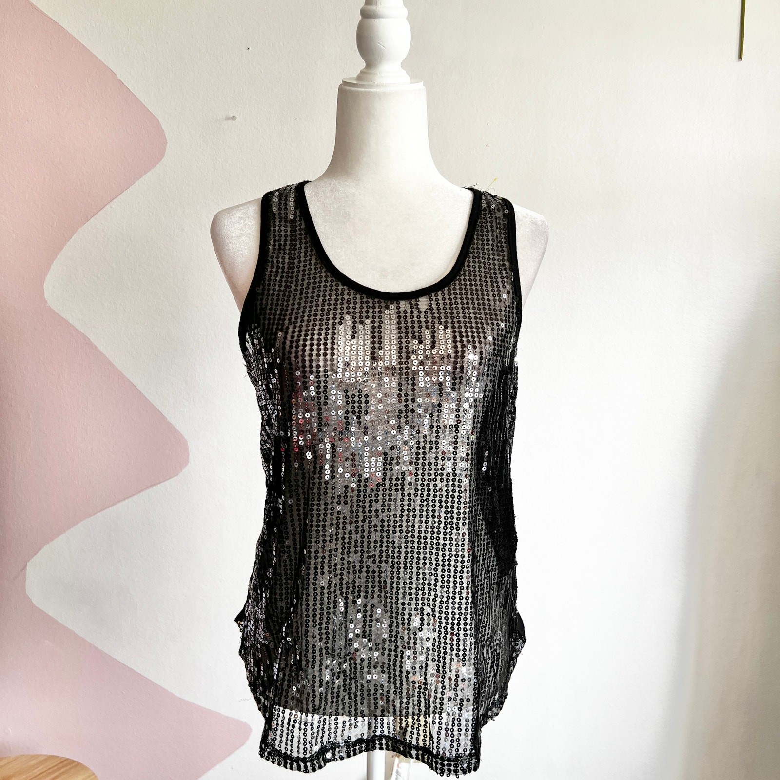 Black Sequin Tank Top, Y2K Indie Sleaze Party Clubwear 2000s Glam Large