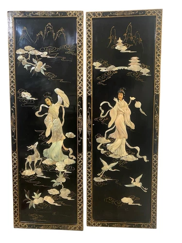 Oriental Chinese Black Lacquer Mother Of Pearls Shell Stone Panel Home wall Deco