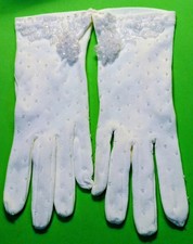 Vtg White Beaded Bridal Gloves One Size Nylon Stretch Ornate Cuff Detailing  L