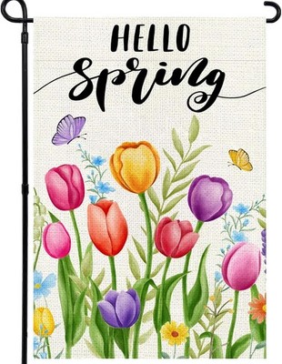Hello Spring Garden Flag 12x18 Inch, Double Sided Colorful Tulips Flag, Seasonal