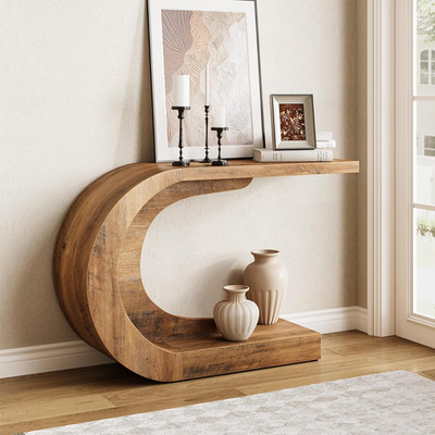 Farmhouse 43.3'' Console Table - 2-Tier C-Shaped Entryway Sofa Table, Brown
