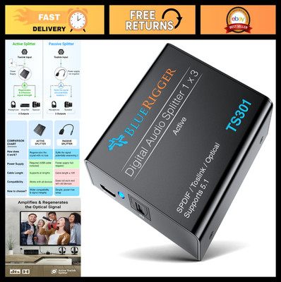 Digital Optical Audio Splitter 1x3 Toslink Active Adapter for TV, Soundbar, Home