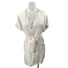 Zara White Short Sleeve V-Neck Button Down Belted Tie Waist Mini Shirt Dress XS