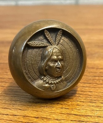 Antique Three Feather Indian Bronze Doorknob Reading Improved Order of Red Men