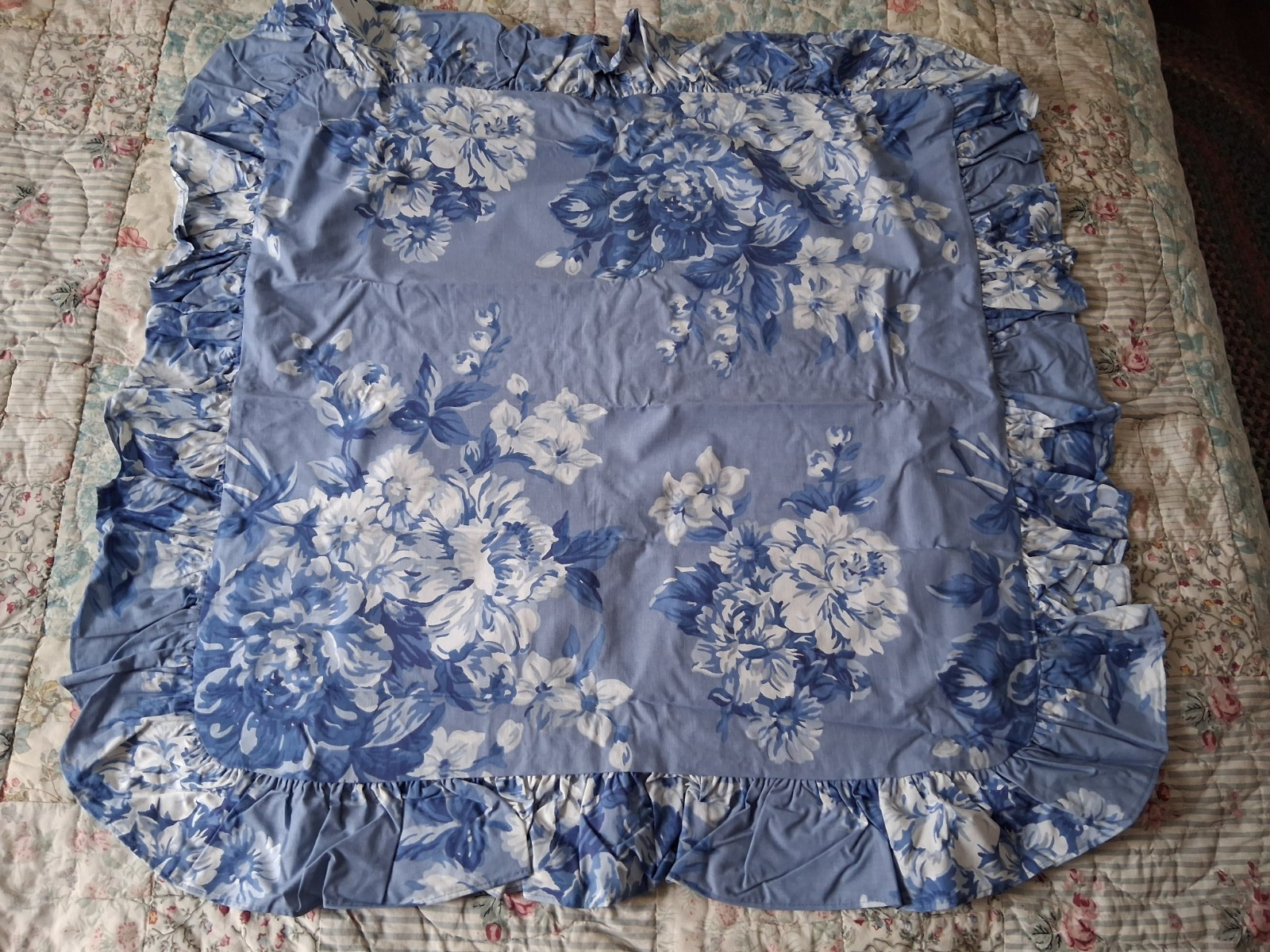 Vintage Ralph Lauren Grace-Blue & White Floral Euro Ruffled Pillow Sham-1985