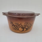 Pyrex Brown Old Orchard Round Casserole Dish w/ Lid 473 1 Qt Vintage Ovenware