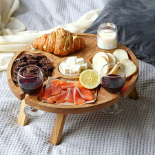 Folding Wooden Picnic Table with Wine Glass Holder for Outdoor Cheese  Fruit