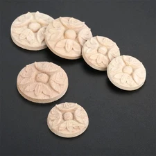 Round Wood Carved Flower Onlay Applique Frame Figurines Unpainted Decal Decor
