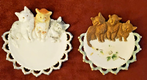 WESTMORELAND MILK GLASS, THREE KITTEN CAT PLATE - ANTIQUE LOT of 2- HANDPAINTED