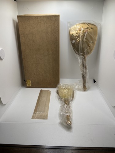 Set spazzola e specchio per capelli portatile vintage Vanity Dresser fiori placcati oro - Foto 1 di 11