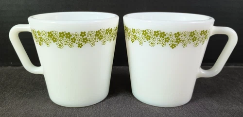 2 PYREX Coffee Cups Spring Blossom Crazy Daisy Green White Milk Glass #1410 VTG