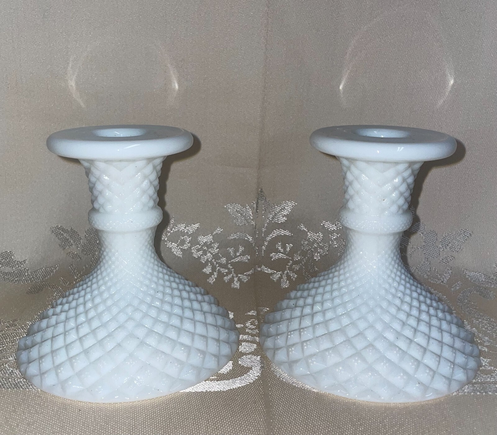 White Milk Glass Westmoreland Diamond Point Candlestick Holders - Pair