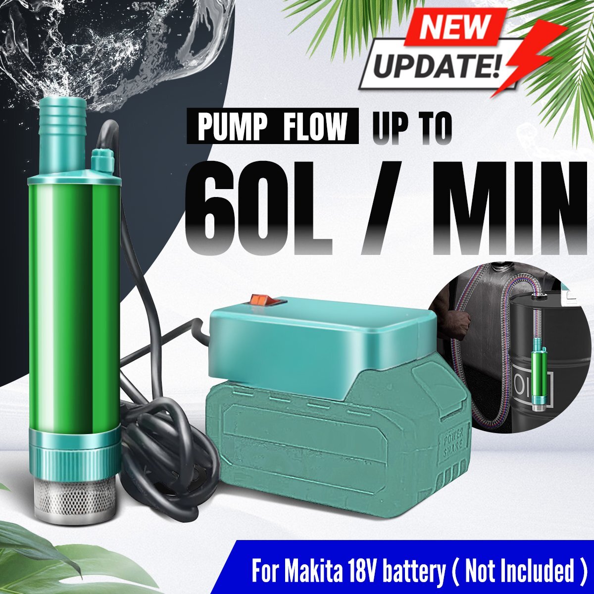 MistyJungle Cordless Stick Water Transfer Pump, Water Pump With 21V Battery Compatible With Makita 18V Battery,720GPH, Max Head Heicht 33 FT, Portable Utility Water Pump For Pool,Garden,Pond,Fish Tank