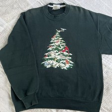 Vintage Women's Birds Christmas Tree Sweatshirt Large L Green Made In USA