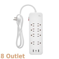 3FT 8 Outlet Power Strip Surge Protector 2x USB-A 1x USB-C 2450J 125V 15A White