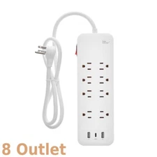 3FT 8 Outlet Power Strip Surge Protector 2x USB-A 1x USB-C 2450J 125V 15A White