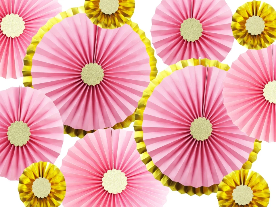 Baby Shower Decorations Girl, Pink & Gold Paper Fans, Balloons, Pom Poms, Party - Image 3 of 4