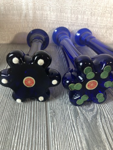 Vintage Cobalt Blue Glass Snowflake Candle Stick Holders Set Of 3 - Picture 6 of 9