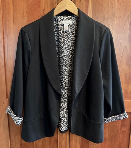 Chico's Size 2 L Black Open Front Leopard-Print Lining Blazer LkNew!