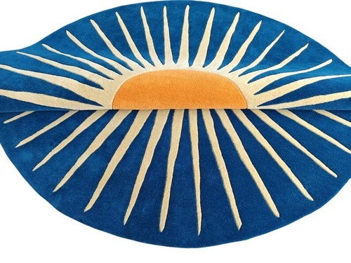 Blue Yellow Sun Round Hand Tufted Woollen Carpet - Picture 2 of 4