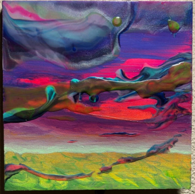 Fluorescent Clouds 2 - Neon Acrylic and Oil Paint on Wood Panel Painting