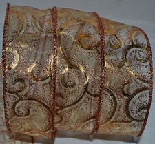 Wired Ribbon Sheer Copper Gold Swirls Autumn Fall 1.5" Christmas Holiday Bow