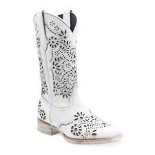 Ladies Genuine Leather Celina Wide Square Toe Inlay White Boots Handcrafted