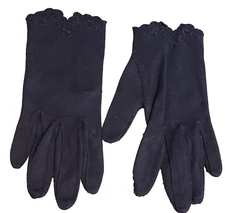 Vintage Size M Black Stretch Formal 8" Gloves Embroidered Flower Eyelet