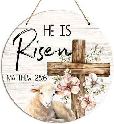 Easter He is Risen Christian Front Door Sign, Religious Cross Lamb Wood white 