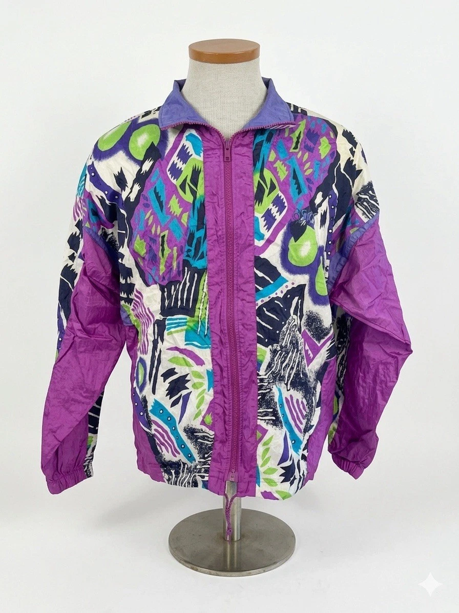Vintage ASICS Windbreaker L 80s 90s Geometric Nylon Jacket YW‑81 Retro Purple