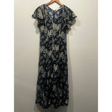 Ulla Johnson Evette Floral Flutter Sleeve V-Neck Midi Dress Black Viscose Size 0