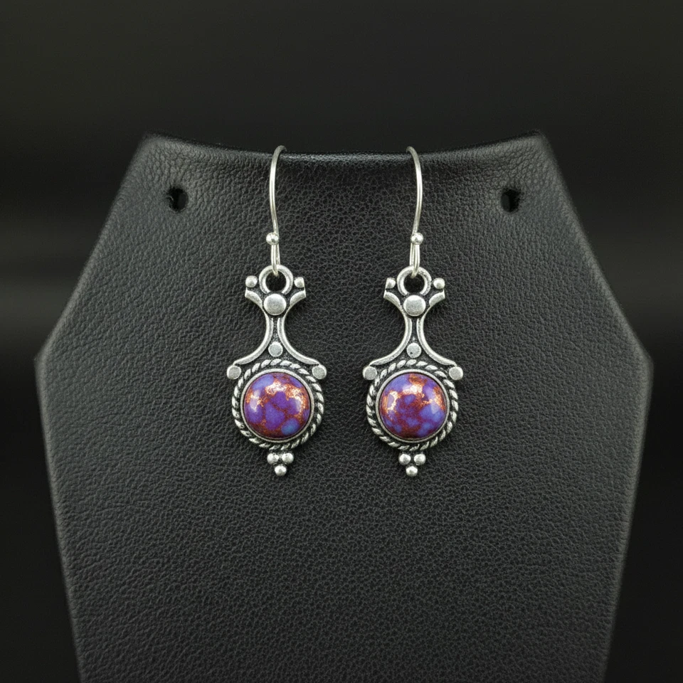 Purple Copper Turquoise Gemstone 925 sterling silver Dangle Drop Earrings 1.60" - Image 1 of 4