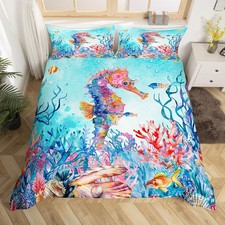 Seahorse Duvet Cover Queen, Ocean Bedding Set Sea Comforter Cover for Boys Gi...