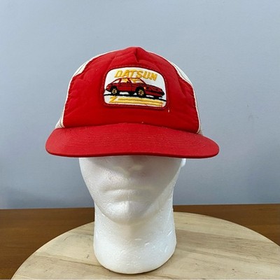 Young AN Vintage Datsun Mesh SnapBack Trucker Advertising Hat Red Yellow 90s