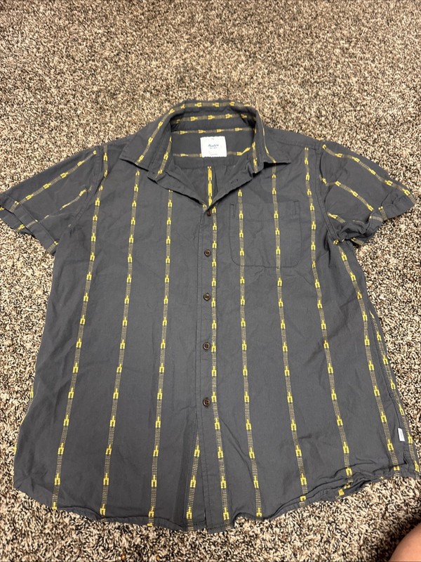 Katin Mens Gray Yellow Geometric Vertical Stripe Cotton Short Sleeve Shirt M