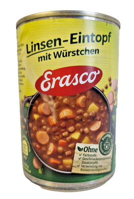 (4,46 /l) 12er Pack Erasco Linsen Eintopf mit Würstchen 400g  2. Wahl